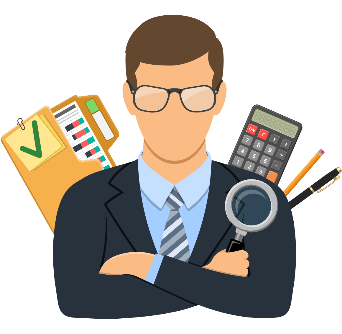 1160×1132 Ilustración para servicio de contabilidad Ilustración de hombre con elementos que pueden utilizarse para dar el servicio de contabilidad