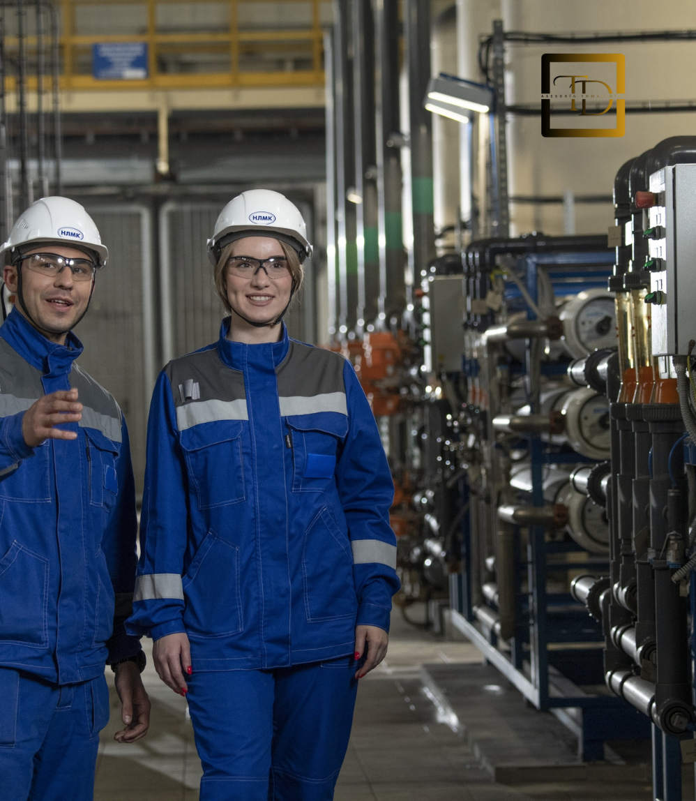 Dos operarios en la sala de máquinas de una empresa
